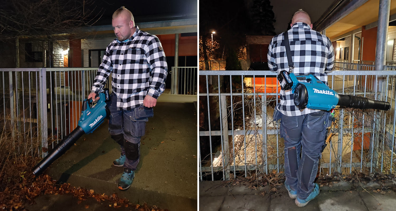 Kuvassa näkyy Makitan akkukäyttöisen puhaltimen mallia UB001GZ 40V XGT hiiliharjaton mukana tuleva näppärä kantohihna. Tuote K-Raudan valikoimista.