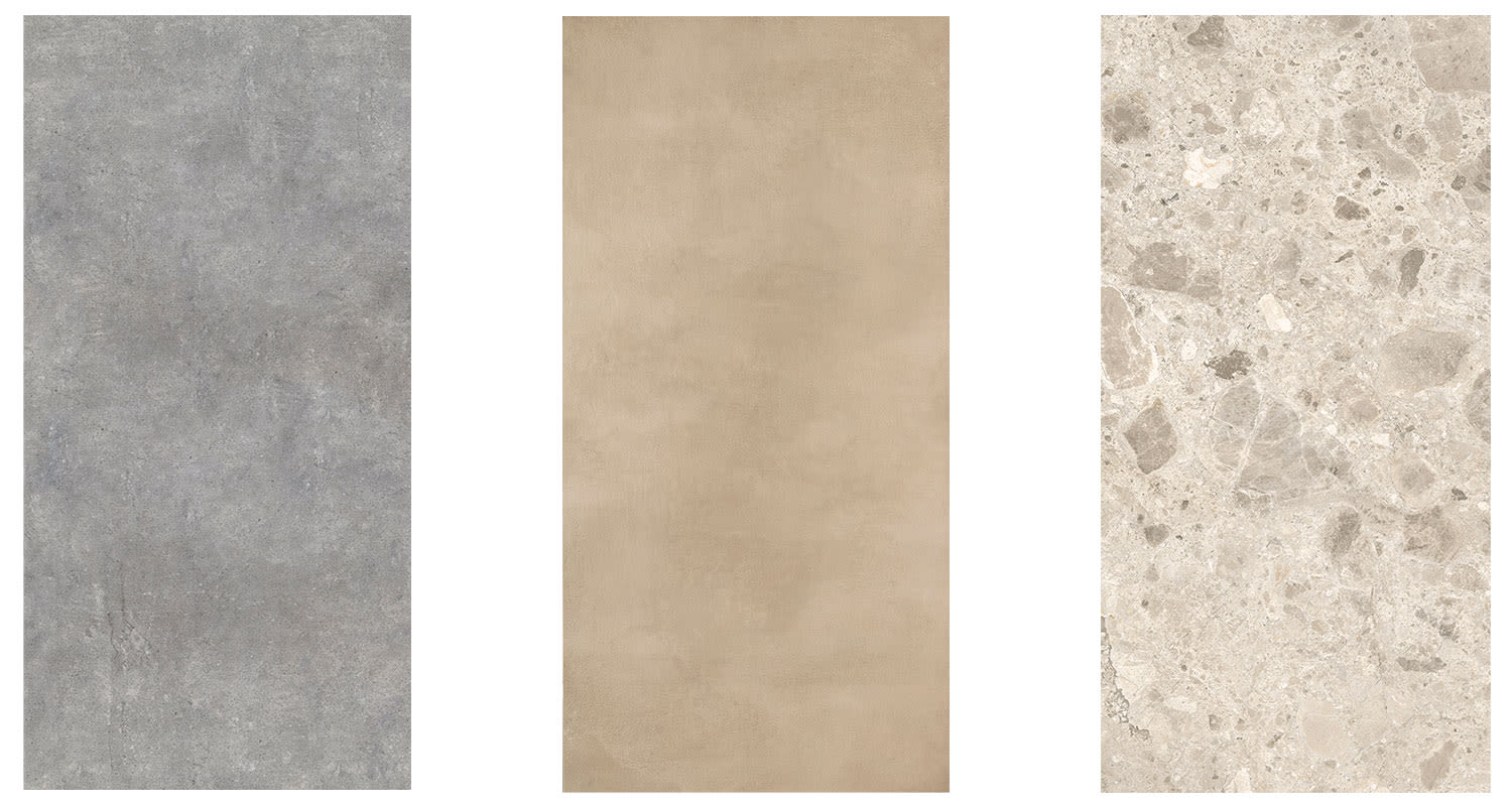Kolme eri hintaista laattaa kylpyhuoneeseen: betonin näköinen harmaa, pehmeäilmeinen beige ja kivikuvioinen vaalea beige, kaikki K-Raudasta
