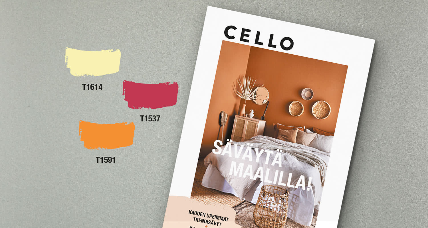 Värimallit T1614 keltainen, T1537 pinkki, T1591 oranssi ja oranssi makuuhuone rottinkikoristein