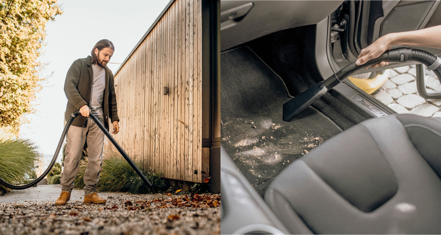 Ulkona puhallinimuri kerää syksyn lehtiä puutalon edustalla, oikealla mustaa autonmattoa imuroidaan