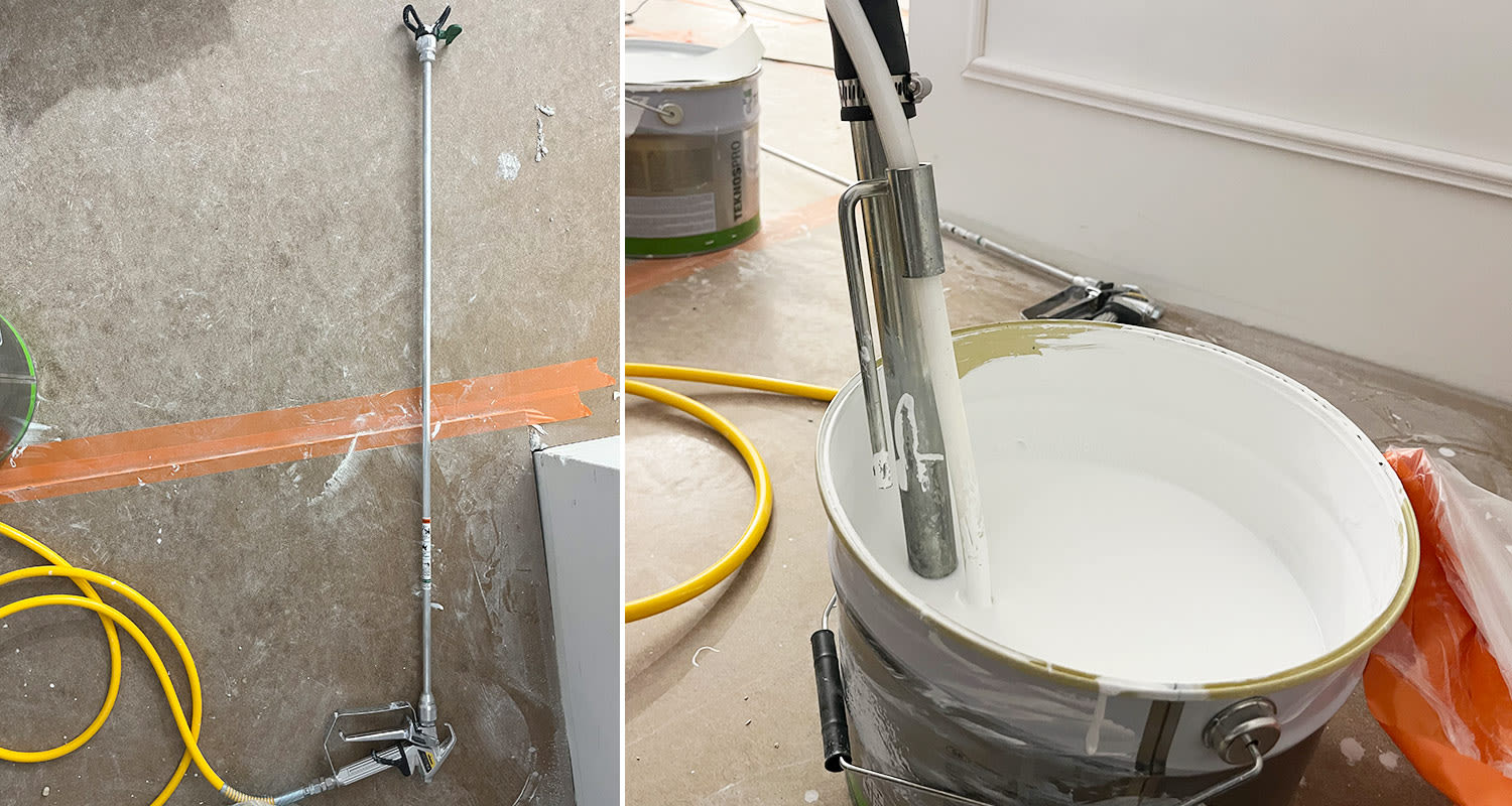 Kuvassa vasemmalla kalvoruisku Wagner SF 21 Pro HEA -mallissa lisävarusteena hankittu liitettävä jatkovarsi kattojen pintamaalausta helpottamaan. Oikealla kuvassa imuletku maalipurkissa.