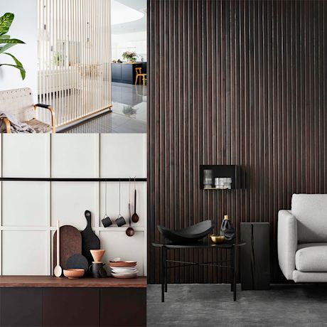 Skandinaavinen avotila: vaalea puulistaerotin, musta keittiö puuastioilla ja tumma puupaneeliseinä