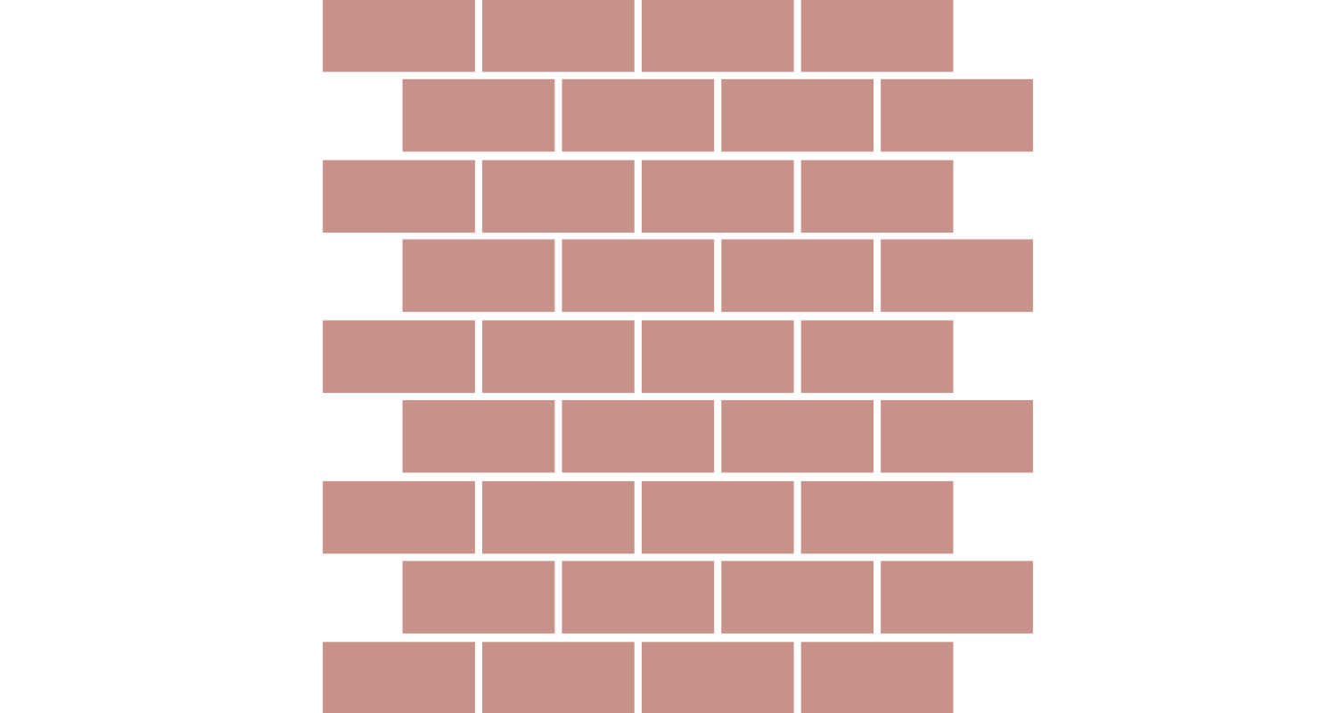 Epäsäännöllisesti limittäin asetellut vaaleanpunaiset tiilet valkoisella taustalla.