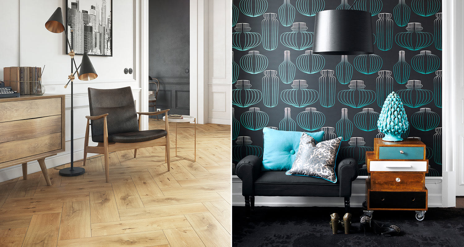 kalanruotomalliin ladottu puulattia skandinaavisessa kodissa ja turkoosi-musta-harmaa kuviotapetti eteisessä