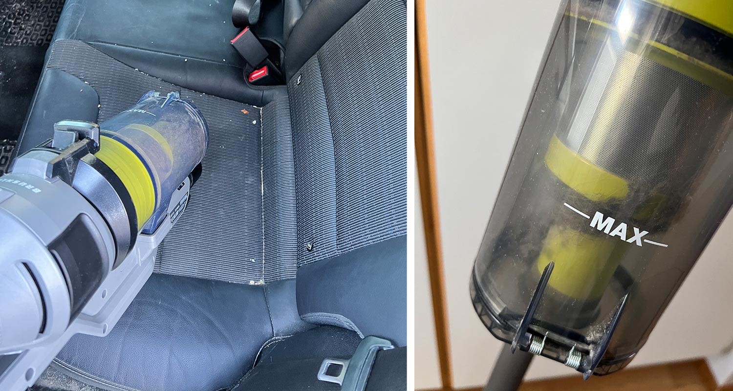 Ryobin varsi-imuri RSVS18BL-1C40G 18V käytössä auton penkkien imuroinnissa.