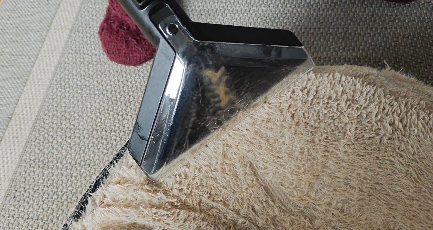 Koiran peti Ryobin RDC18BL-0 18V ONE+ tekstiilipesurin käsittelyssä. Pesuri löytyy K-Raudan valikoimista.