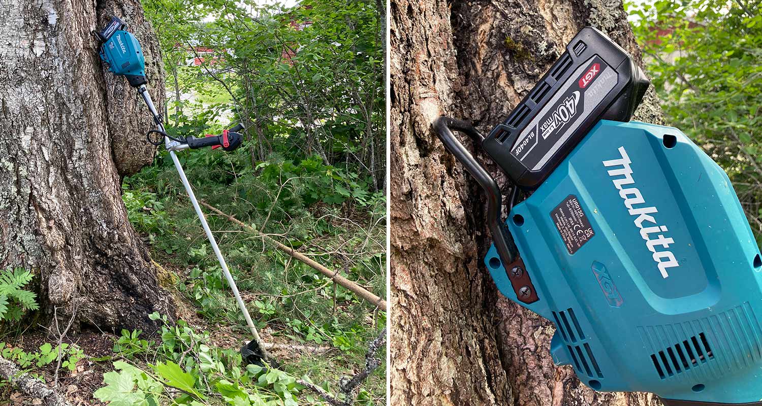 Kuvassa raivaussaha Makita UR013GZ05 40V XGT sekä akku Makita BL4040F 40V XGT 4,0Ah High Power, joita myy K-Rauta.