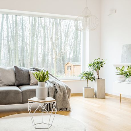 Valoisa olohuone: harmaa sohva, pieni valkoinen metallipöytä kukkavaasilla ja metsänäkymä