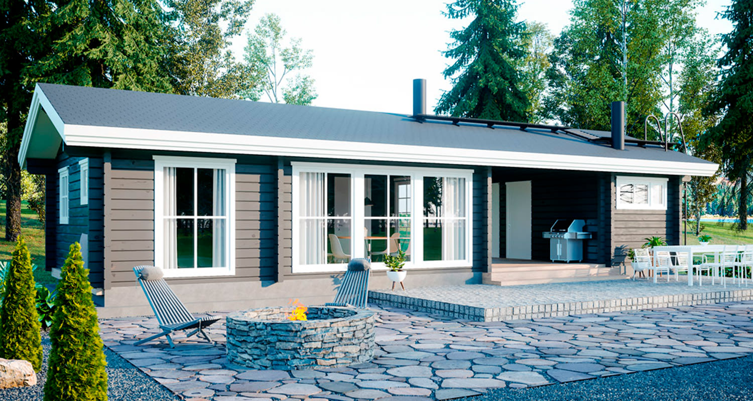 Harmaa puumökki valkoisilla ikkunanpuitteilla, terassi, grilli, kivinen nuotiopaikka, lepotuoleilla
