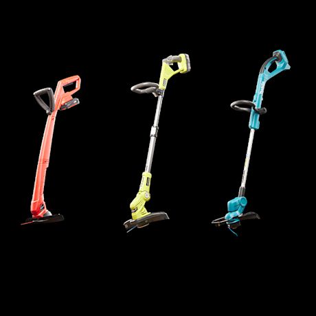 Hyvä, parempi ja paras akkutrimmeri. Kuvassa Einhellin, Ryobin sekä Makitan akkutrimmerit.