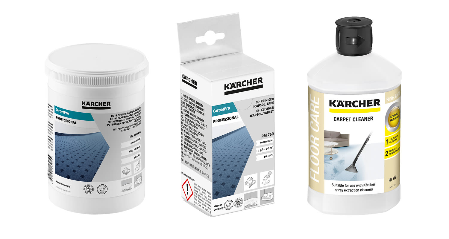 Valkoiset Kärcher-matonpuhdistusjauhepurkki, ICAPS-tablettipaketti ja keltamerkitty nestepullo