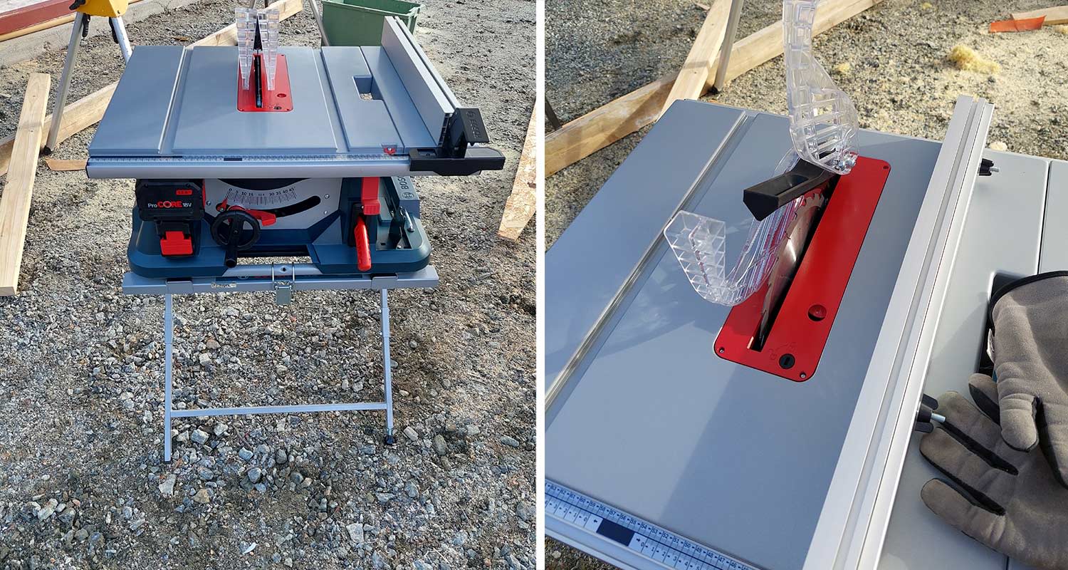 Boschin akkupöytäsaha GTS 18V-216 Solo GTA 560 käytössä mökkityömaalla