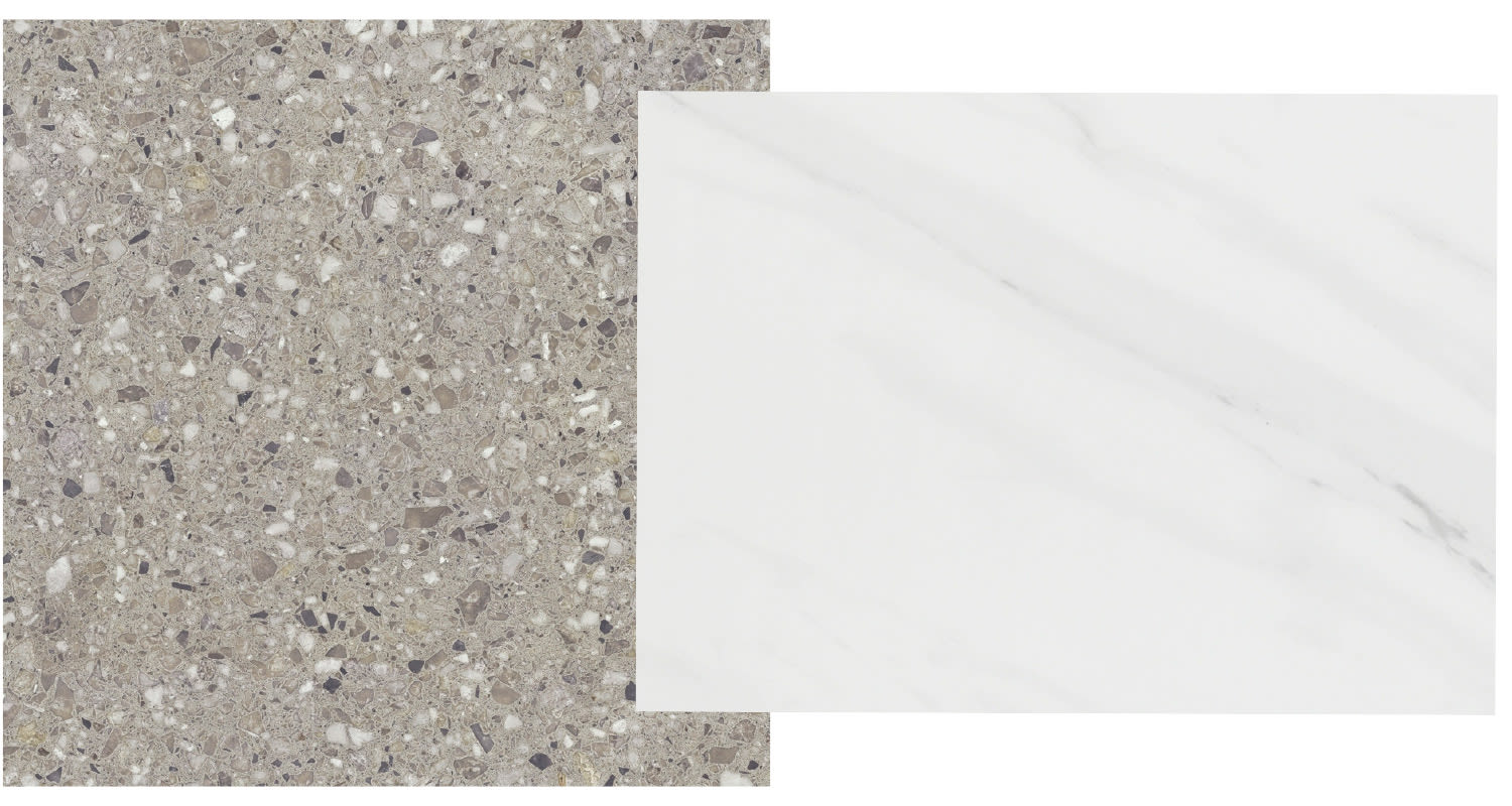 Terrazzotyylinen, mattapintainen Cello Traffic -porcellanato-laatta on kivikuvioinen ja kiillotettu Cello Lenci -porcellanato-laatta jäljittelee kauniisti valkoista Carrara-marmoria. Molemmat K-Raudasta.