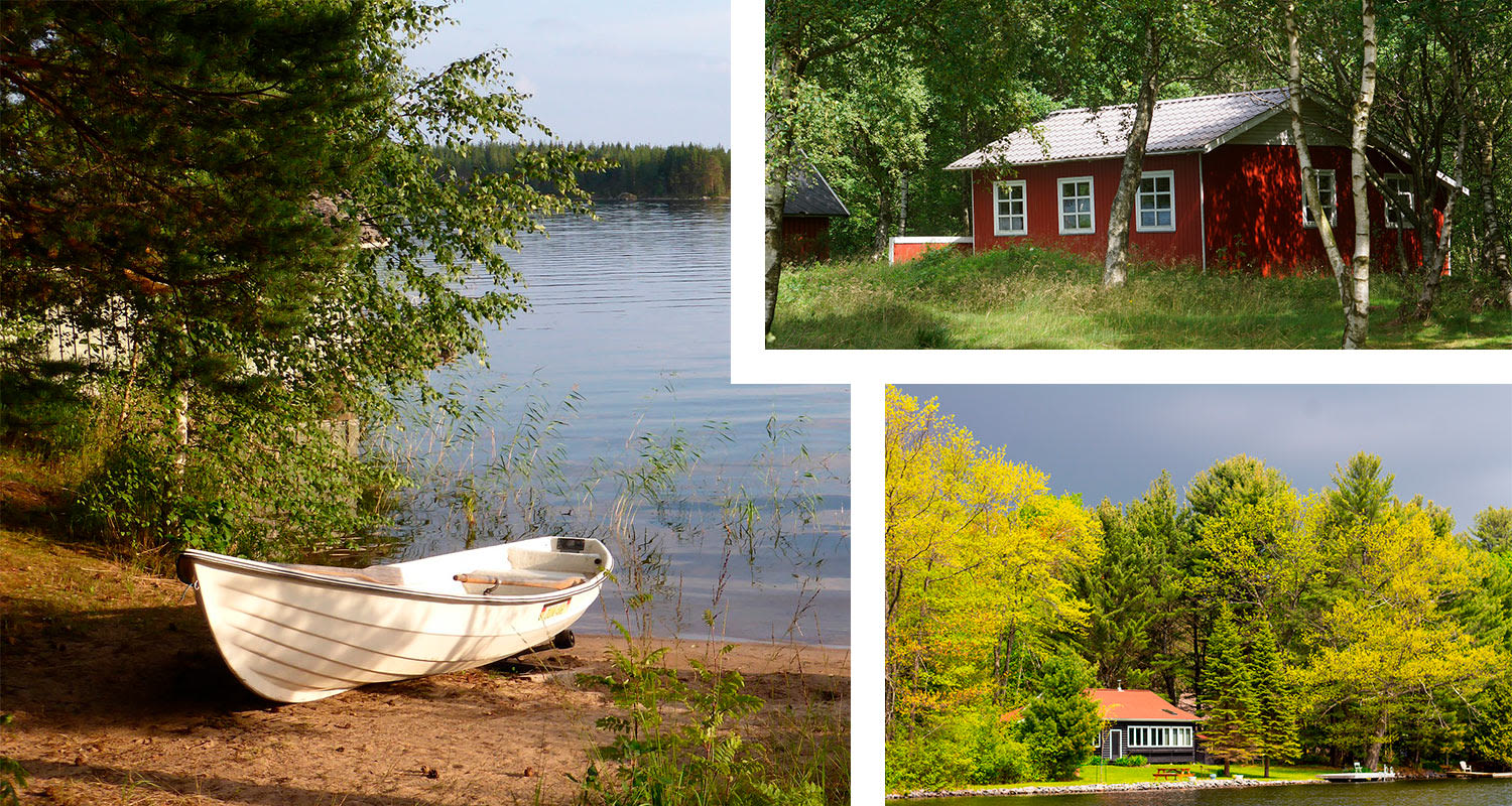 Valkoinen soutuvene rantahiekkarannalla, punainen mökki ja järvenrantatalo metsän reunassa.