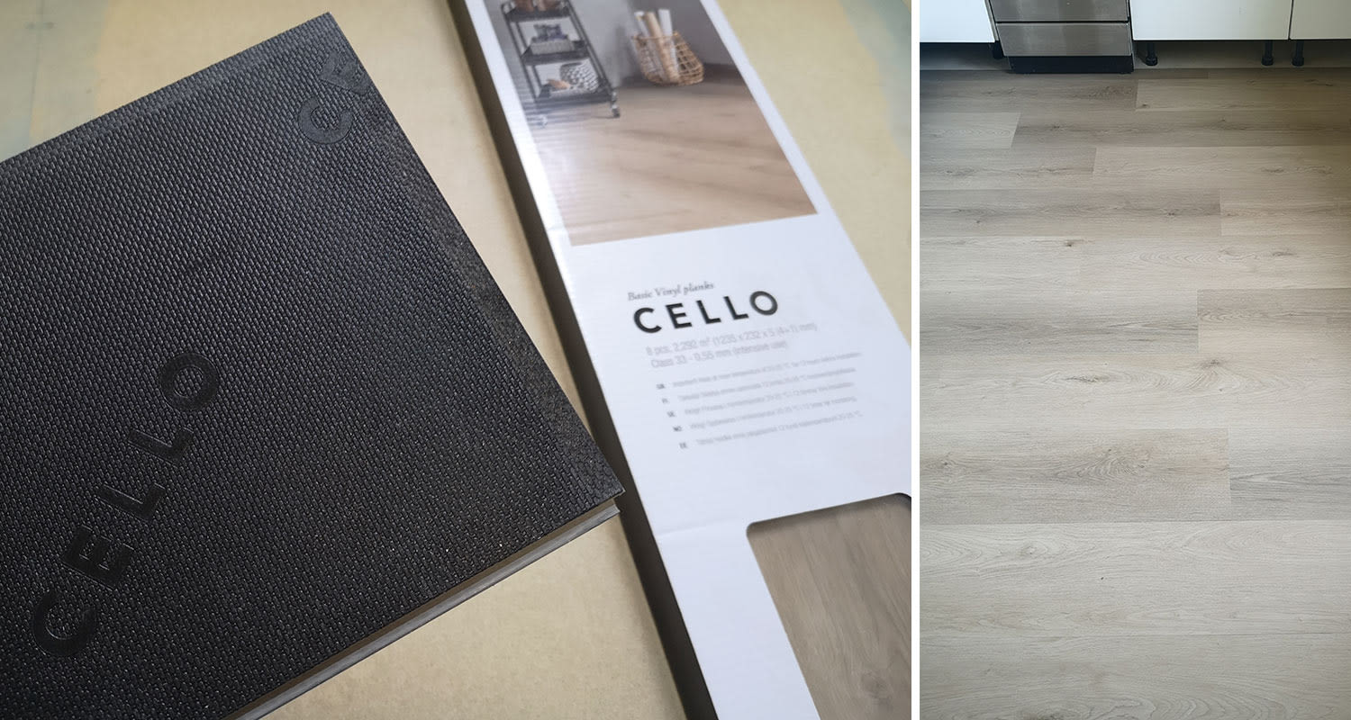 Cello Sidney -vinyylilankun alla näkyy lankusta valmiina löytyvä askeläänieristys. Oikealla kuvassa on valmis lattia asennettuna.