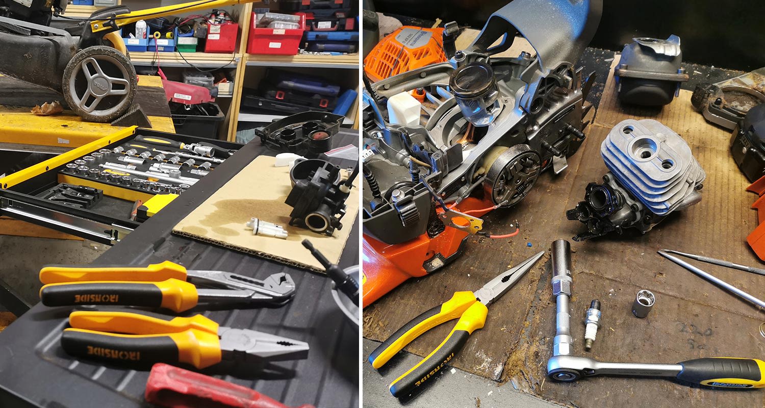 Ironside-merkin työkaluja kuvassa. Työkalut ovat testissä pienkonekorjaamolla asennustehtävissä. Ironside-merkin tuotteita myy K-Rauta.