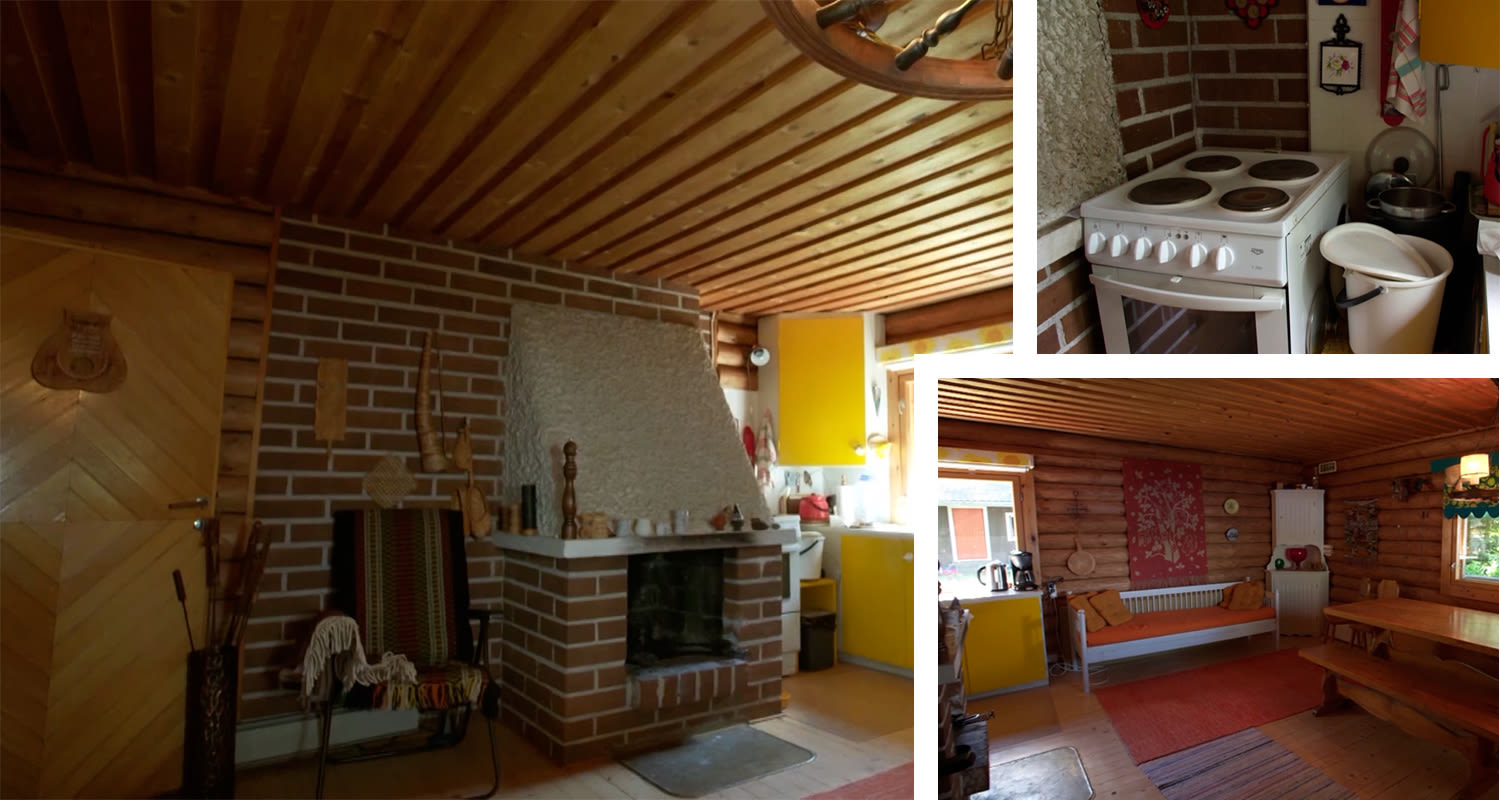 Mökin puupaneelinen tupa, tiilinen takka, keltaiset kaapit, valkoinen liesi ja puupenkki.