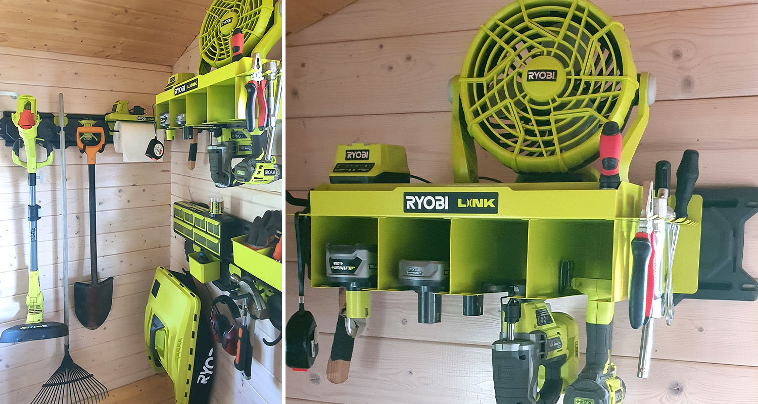 Kuvassa Ryobin helposti muunneltava ja seinälle kiinnitettävä säilytysjärjestelmä, tuotetta myy K-Rauta.