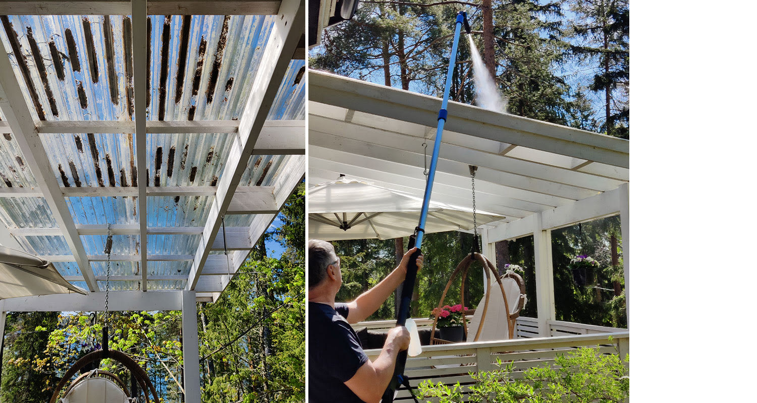 Käynnissä terassin valokatteen pesu painepesuri Nilfisk Premium 200-15 ja Nilfisk-jatkovarren avulla.