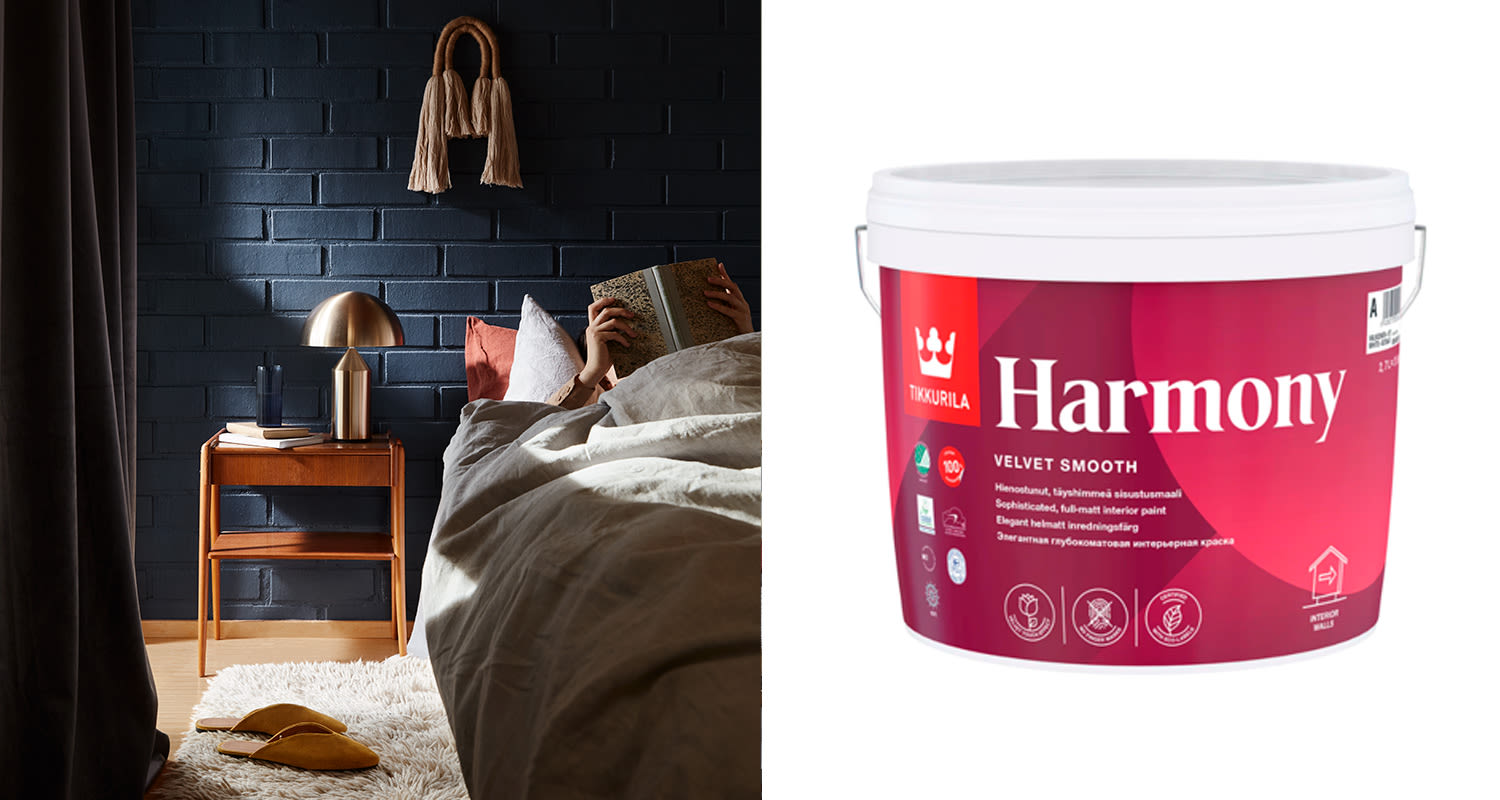 Harmony-sisämaali Tikkurila ja tummansininen seinä