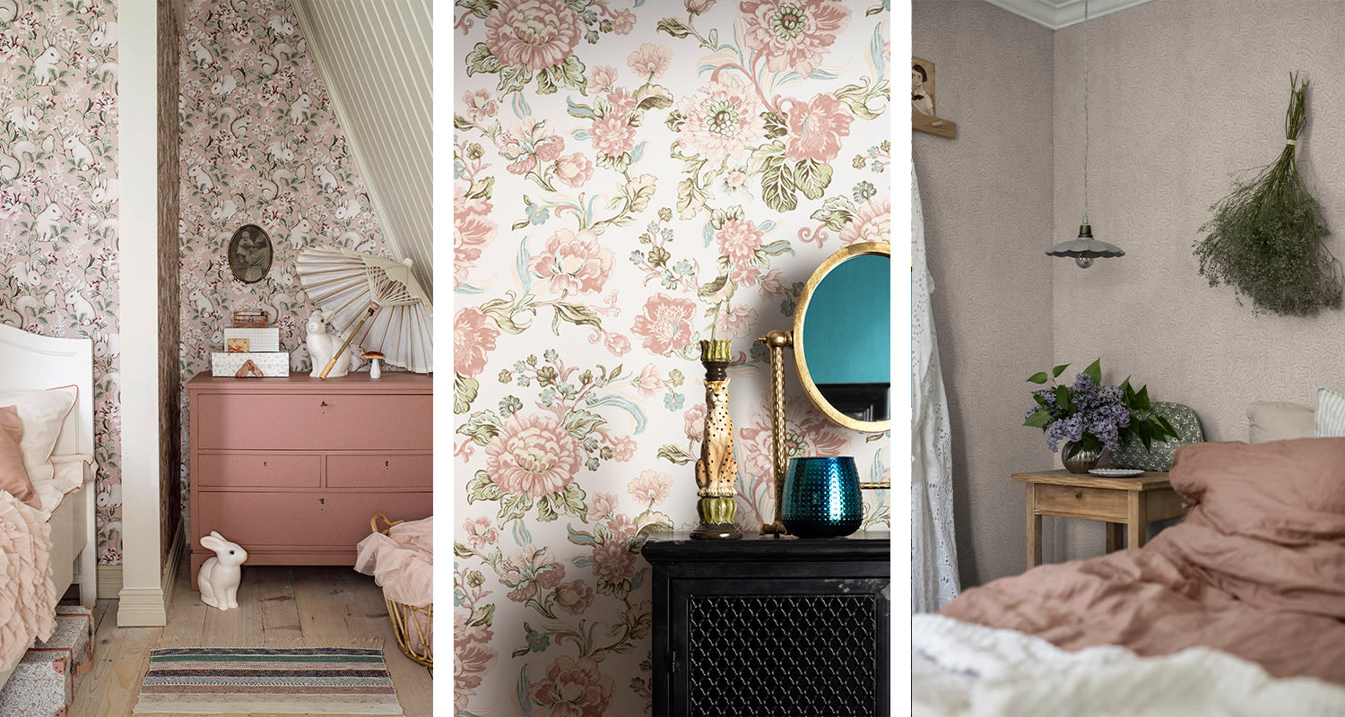 Maalaisromanttinen sisustus. Kuvassa kolme makuuhuonetta, joissa on maalaisromanttinen sisustus.