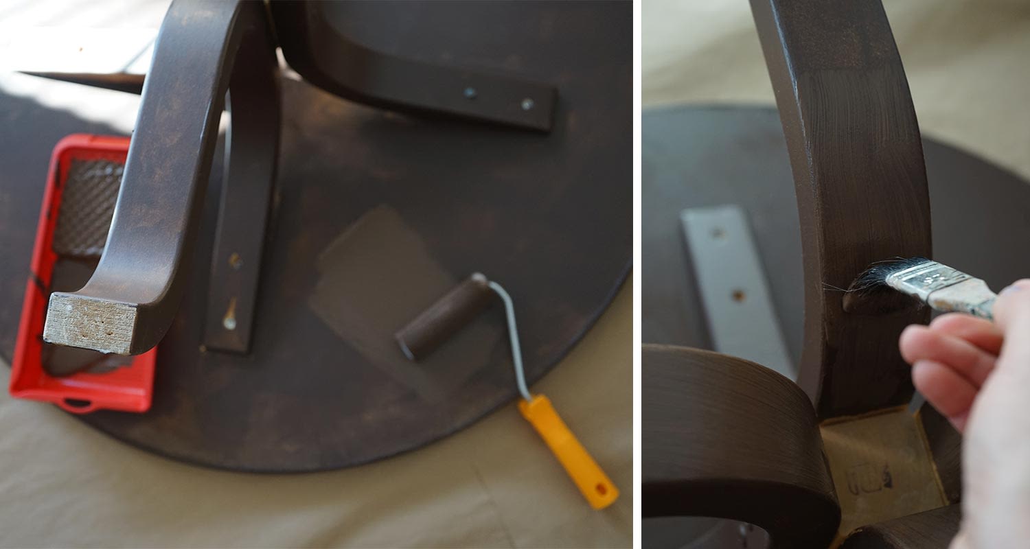 Harjalla ruskeaa maalia puiseen tuolinjalkaan, vieressä punainen maalilokero ja keltainen tela.