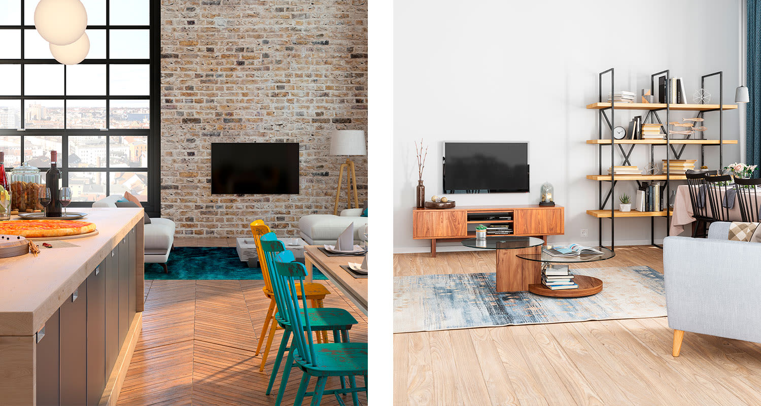 Puulattia, teollinen tiilikeittiö värikkäine tuoleineen ja skandinaavinen olohuone avohyllyillä