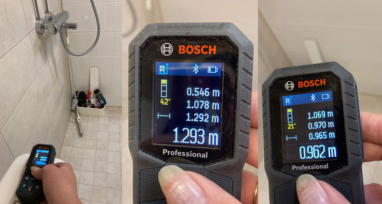 Mittaus käynnissä kylpyhuoneessa Bosch GLM 50-27 C laseretäisyysmittalaitteella