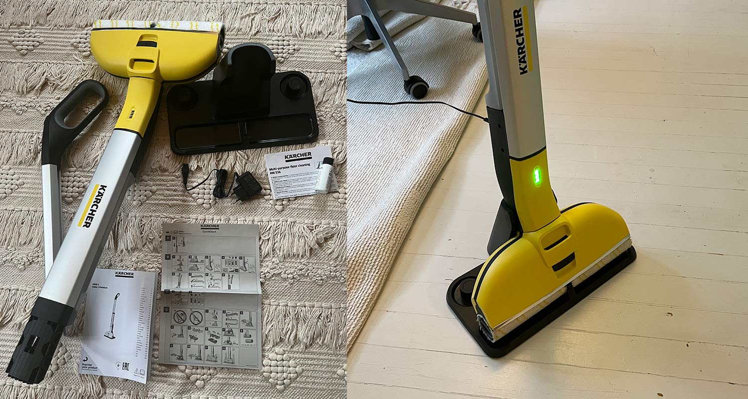 Pakkauksen sisältö, lattiapesurin osat ja Kärcher lattiapesuri koottuna ja latauksessa