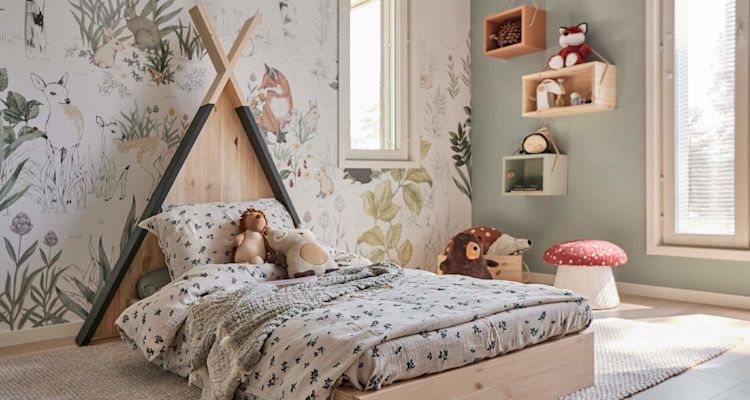 Lastenhuone, vaalea puusängyn telttakehys, vihreä lehtikuviotapetti, pehmoeläimet.