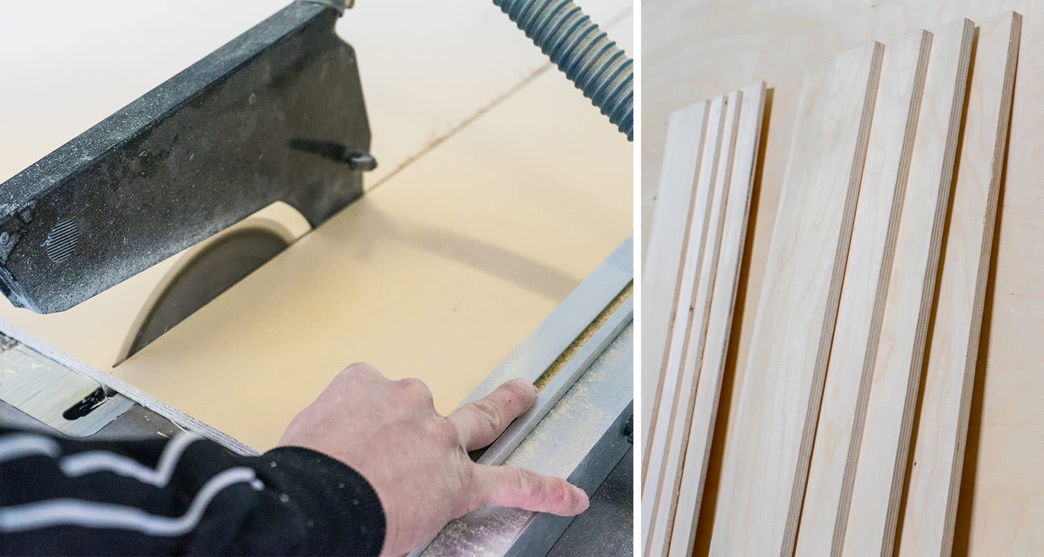 Käsi työntää vanerilevyä harmaaseen pyörösahaan, vieressä valmiit uritetut koivulistat