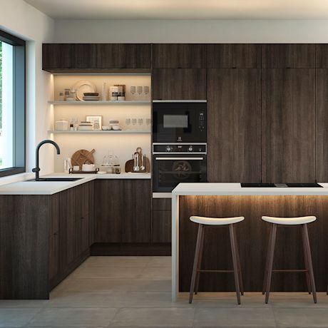 Kuvassa Cello-keittiö, jossa on tumma Kuusela-ovi. Cello-keittiöitä myy K-Rauta.