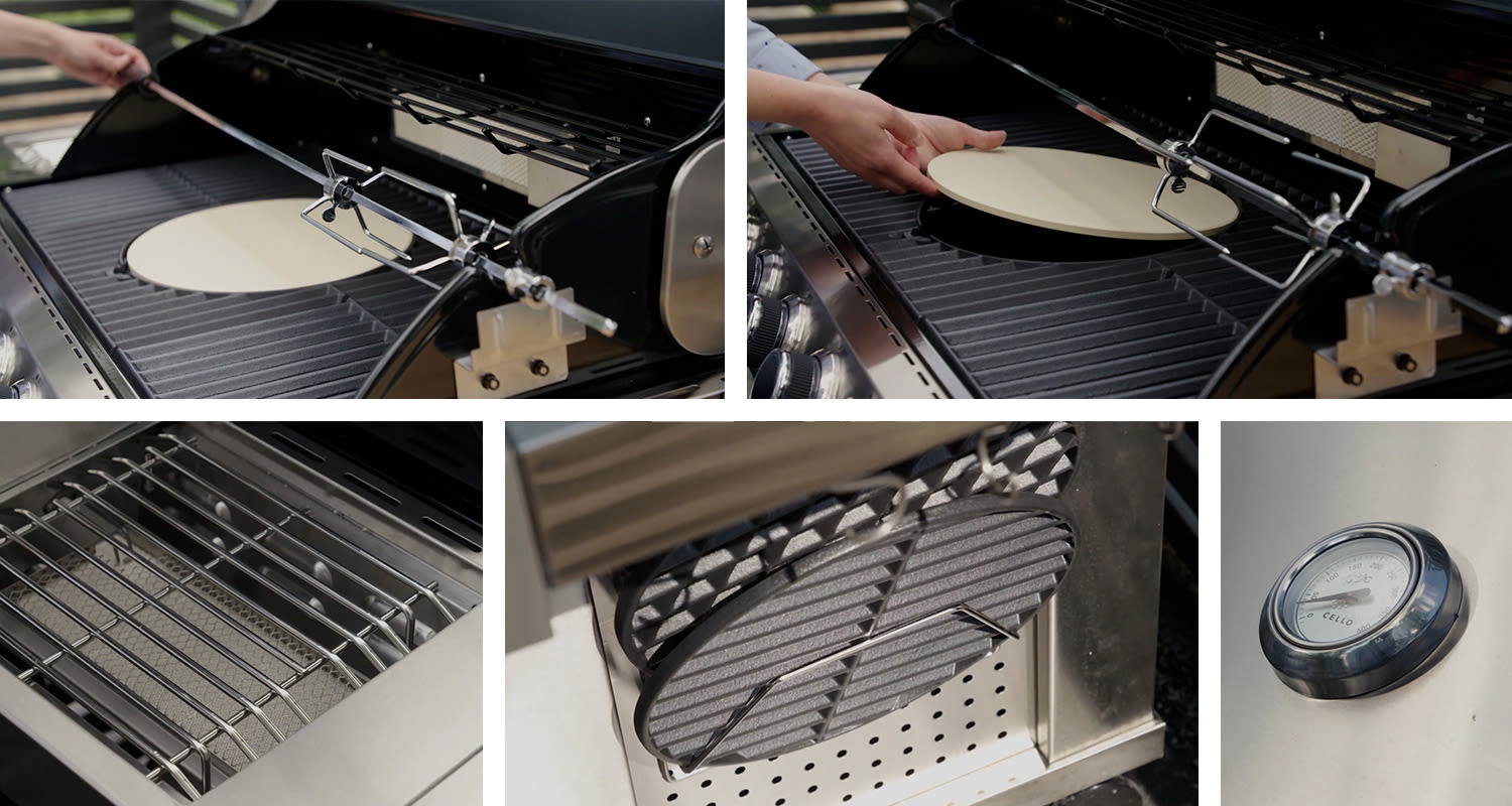 Vaalea pizzakivi mustassa kaasugrillissä, hopeiset teräsritilät ja etupaneelin lämpömittari.