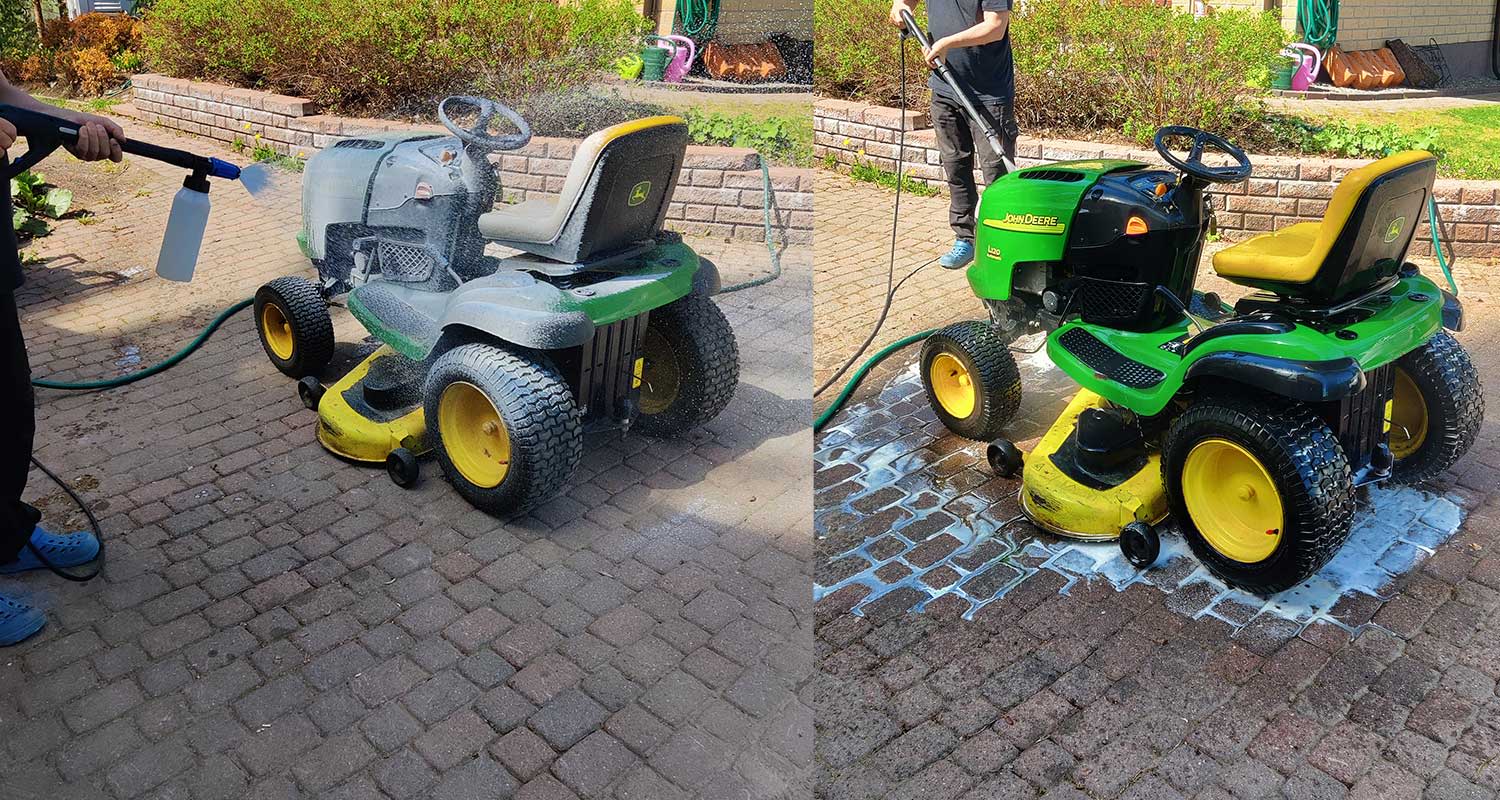 Päältä ajettavan ruohonleikkurin pesun hoitaa painepesuri Nilfisk Premium 200-15. Tuotetta myy K-Rauta.