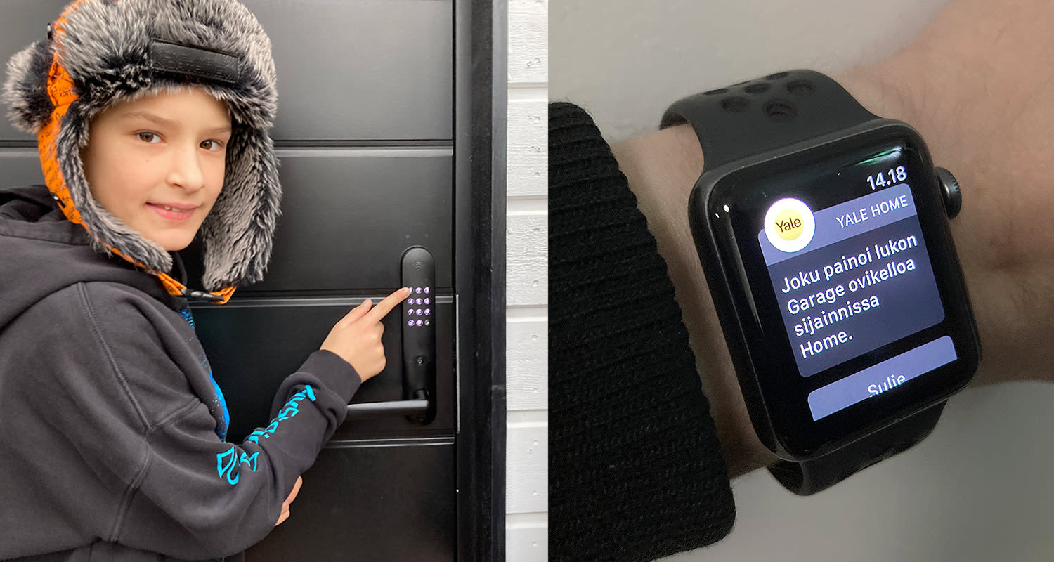 Testissä älylukko Yale Doorman L3 musta ja älykelloon tulee ilmoitus, kun joku on näppäilemässä lukolla.