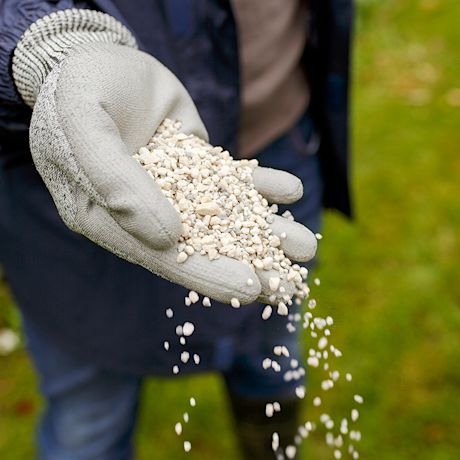 Harmaat työhanskat levittävät valkoista lannoitesoraa vihreälle nurmikolle.