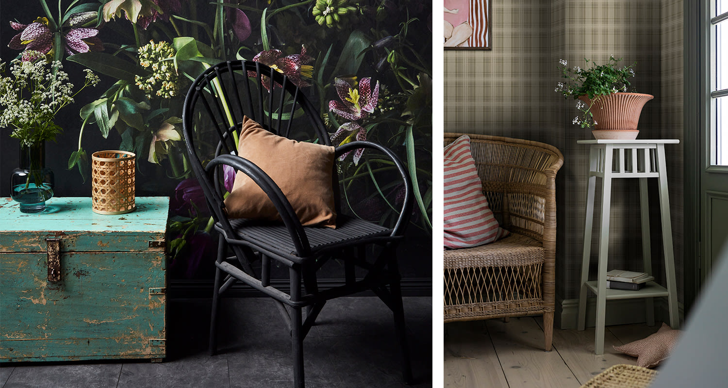 Maalaisromanttinen sisustus. Kuvassa kaksi olohuonetta, joissa on maalaisromanttinen sisustus.