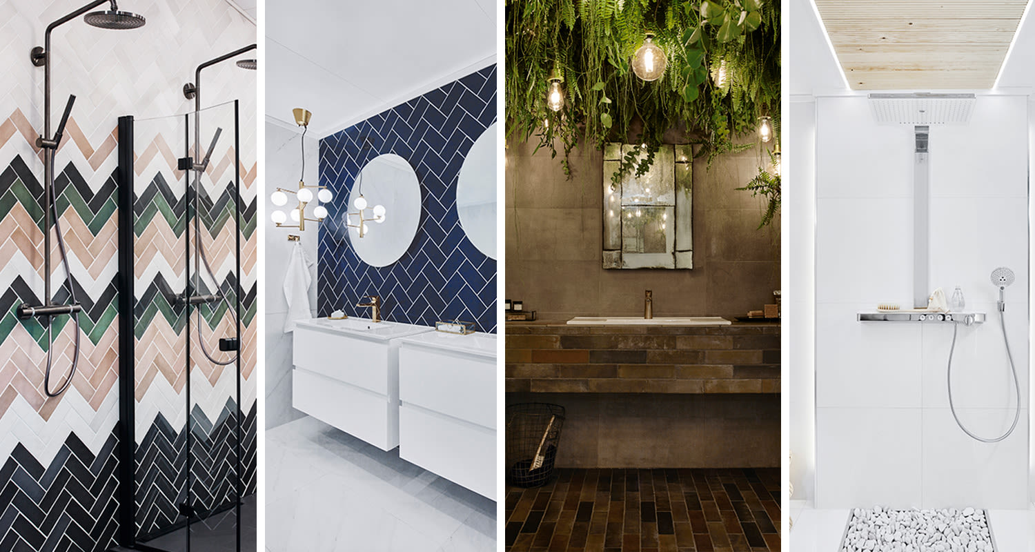 Neljä kylpyhuonetta: värikäs harlekiini, sininen herringbone, tumma viher-tila, valkoinen suihku