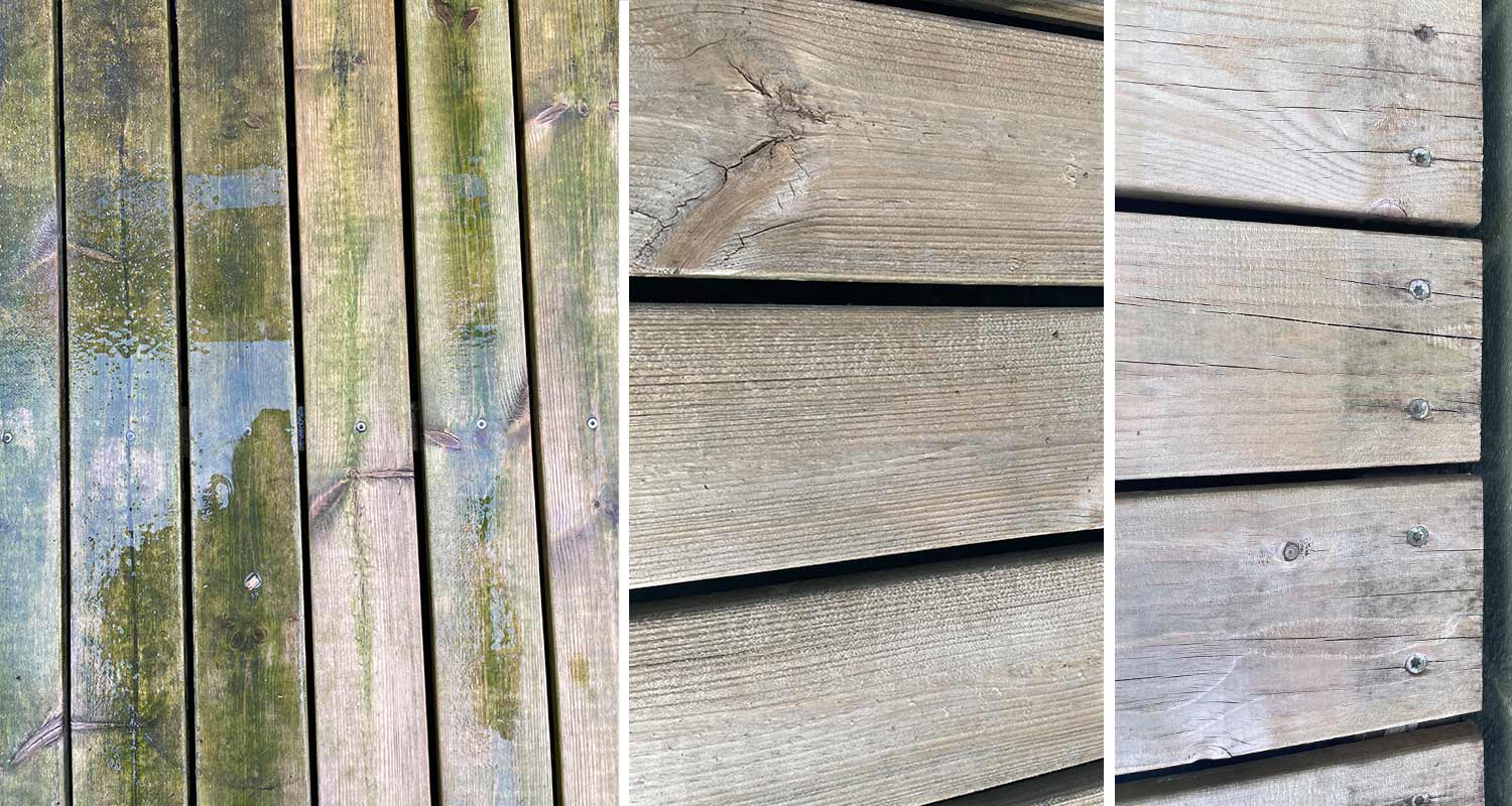 Pesemätön ja pesty terassi vasemmalla puolella ja pestyä lopputulosta oikealla puolella kuvaa. Työvälineenä terassipesuri Kärcher PCL 4