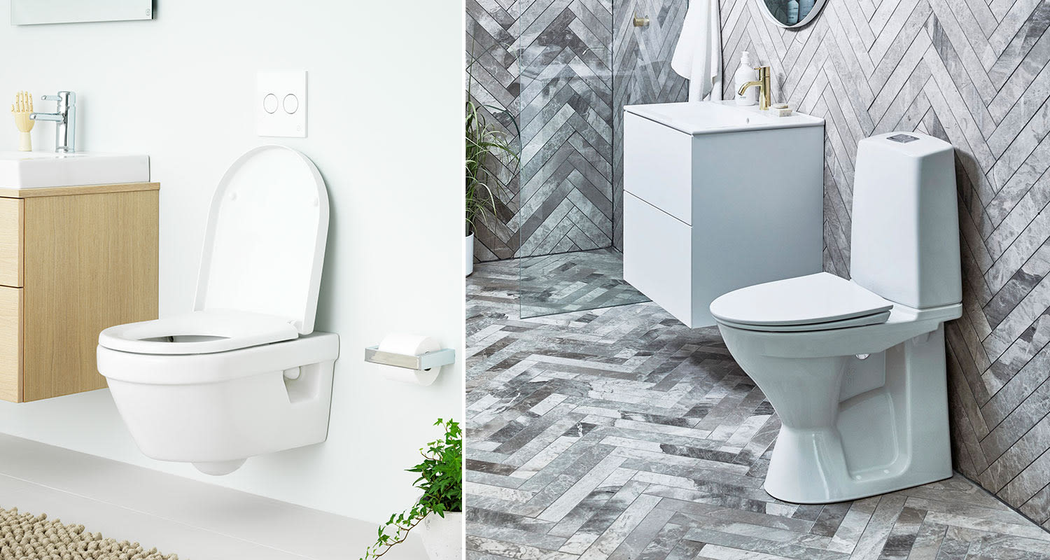 Seinään kiinnitetty wc-istuin helpottaa lattian siivoamista. Vieressä huuhtelukaulukseton wc-istuin, joka on hygieeninen valinta. Molempia löydät K-Raudan valikoimista.