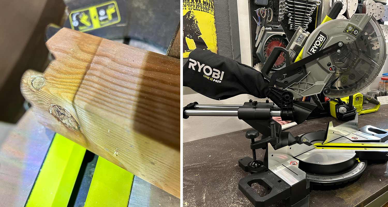 Sahausmerkkinä muodostuu varjo sahauslinjalle ja Ryobin katkaisu- ja jiirisaha