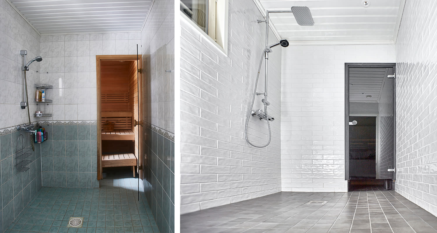 Kaksi suihkutilaa: vasemmalla vihreät laatat ja puusauna, oikealla valkoiset seinät ja harmaa lattia