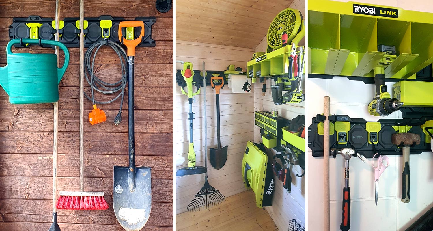 Kuvassa mökin seinälle asennettu Ryobi LINK muunneltava -säilytysjärjestelmä erilaisten koukkujen kera. Säilytysjärjestelmää ja sen koukkuja myy K-Rauta.
