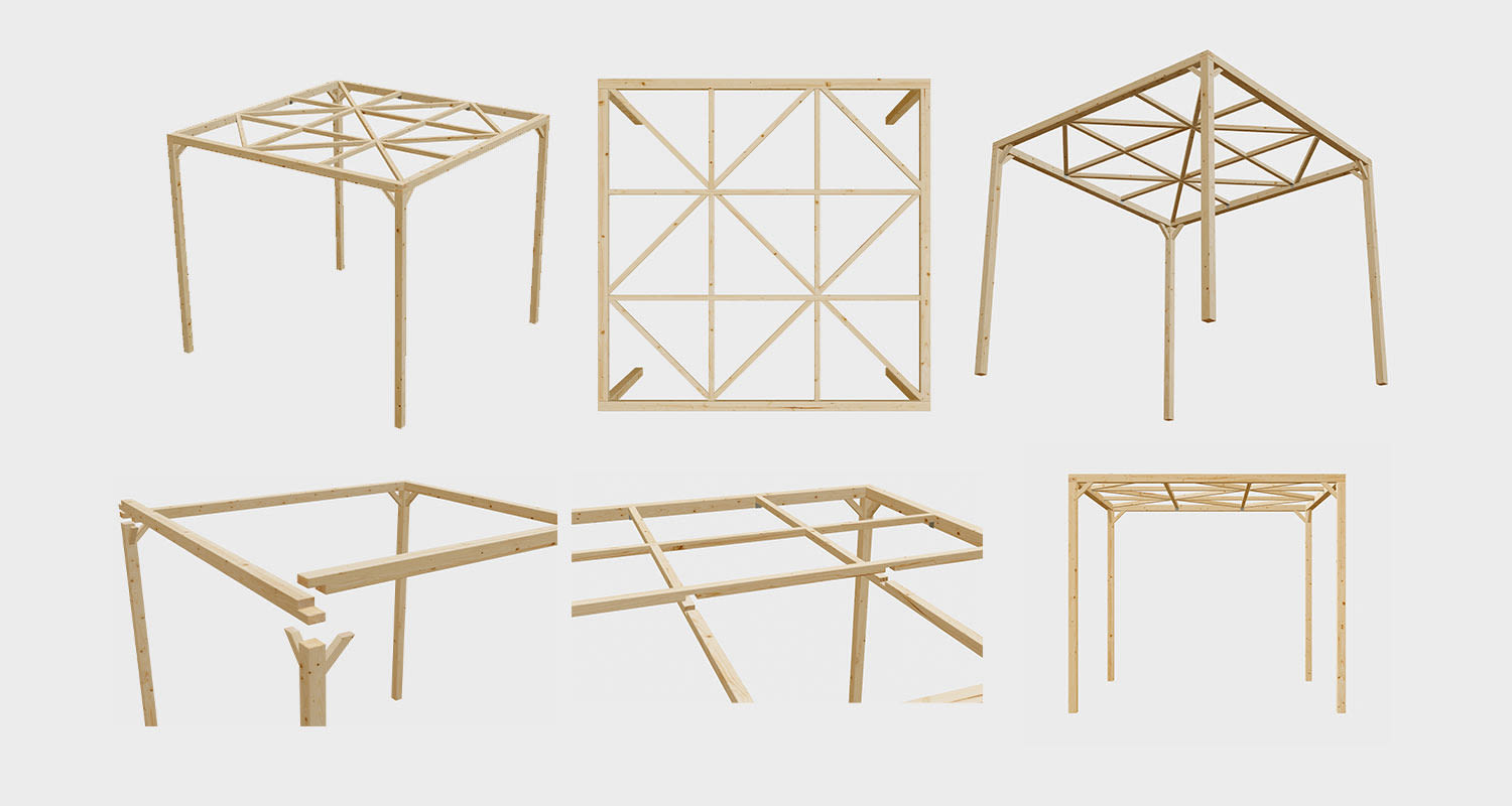 3D-mallinnettu kuva valmiista pergolasta ja pergolan liitoksista.