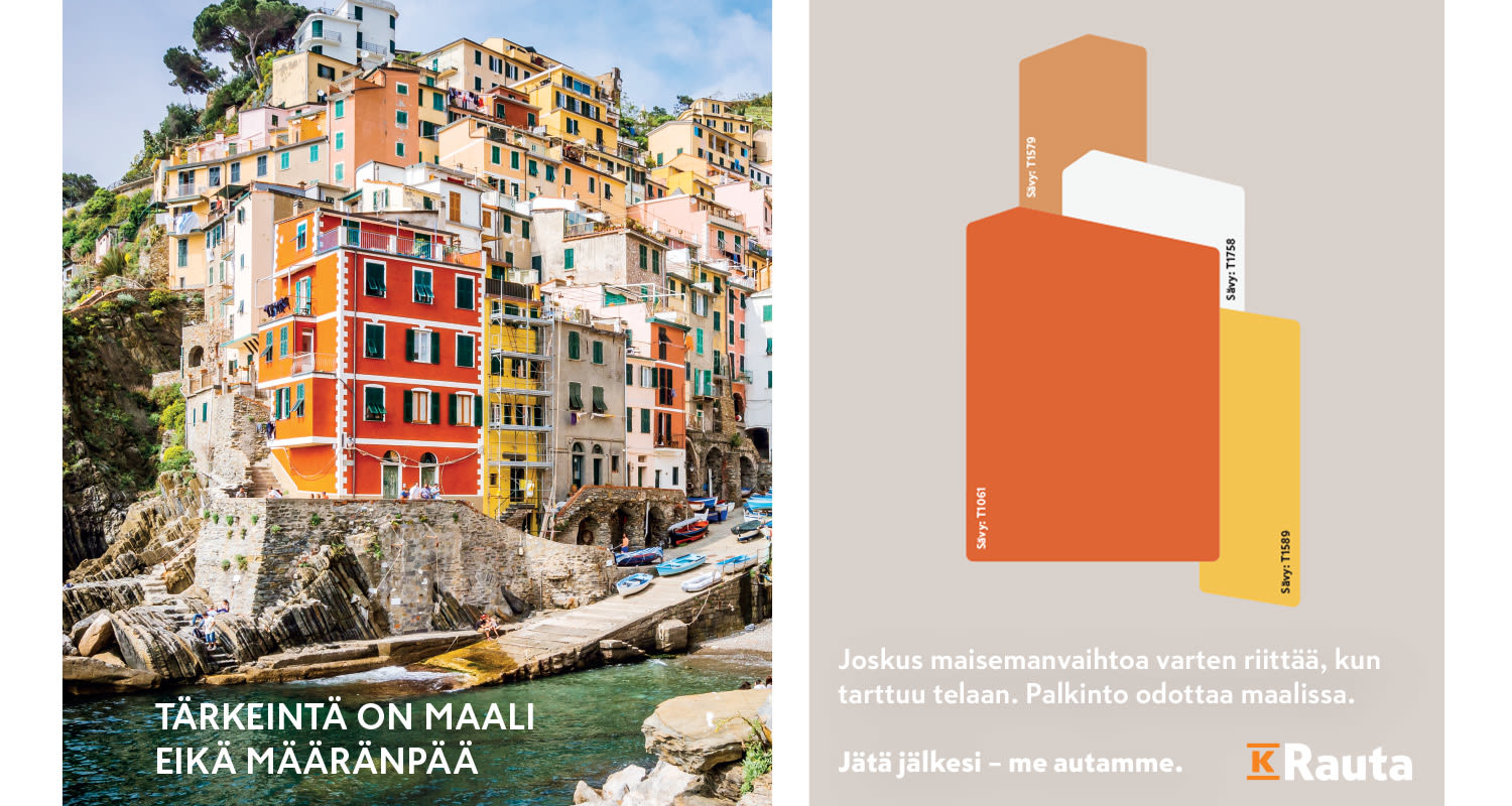 Tärkeintä on maali eikä määränpää. Italialainen värikäs kylä ja siitä poimitut K-Raudan Cello-sisämaalien maalisävyt.