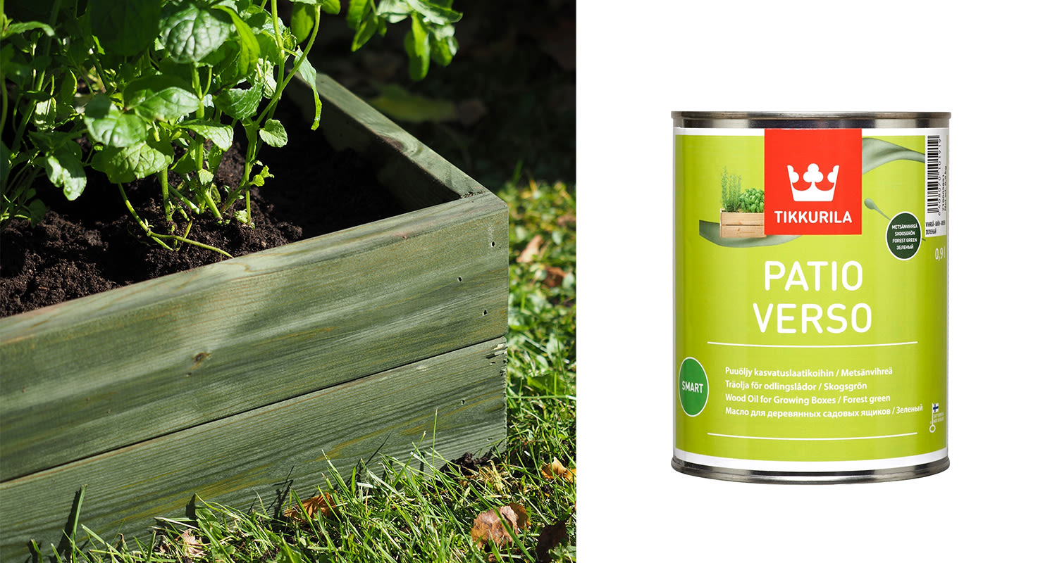 Metsänvihreällä Patio Verso -öljyllä käsitelty puulaatikko yrteillä ja Tikkurilan öljypurkki.