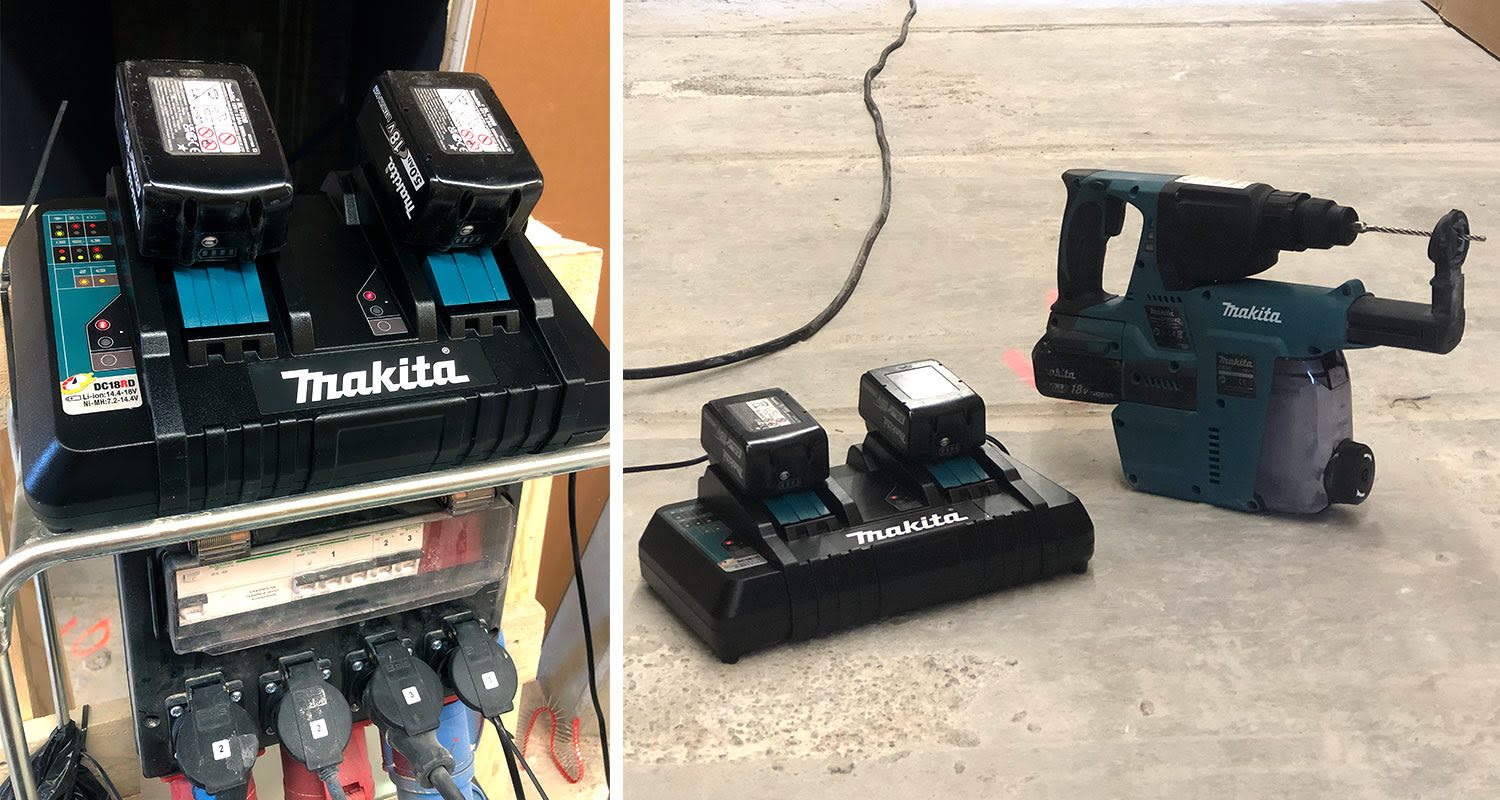 Latauslaite ja akut Makita Powerpack 197626-8 käytössä työkohteessa