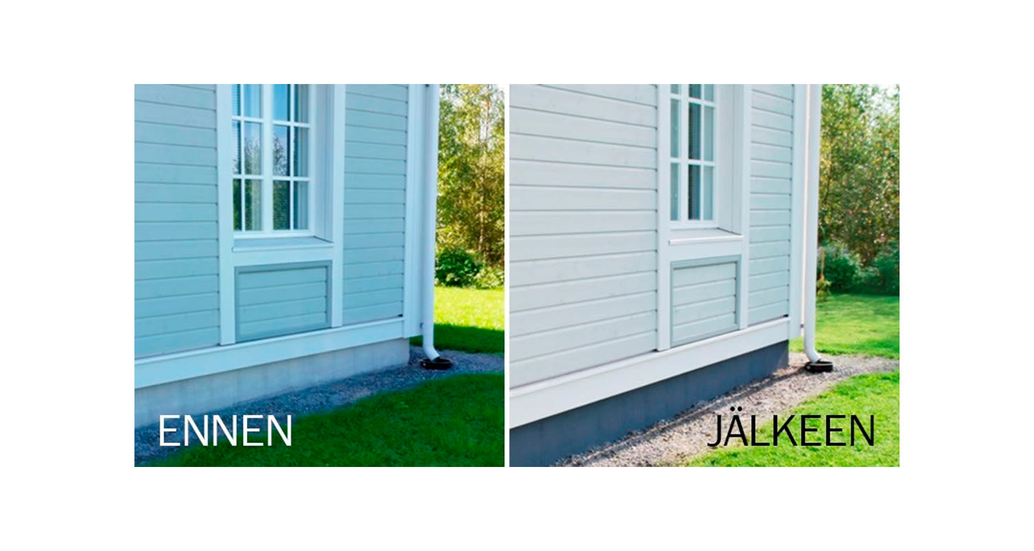 Valkoisen puutalon alaosa nurmikon äärellä ennen ja jälkeen tumman suojasivelyn.