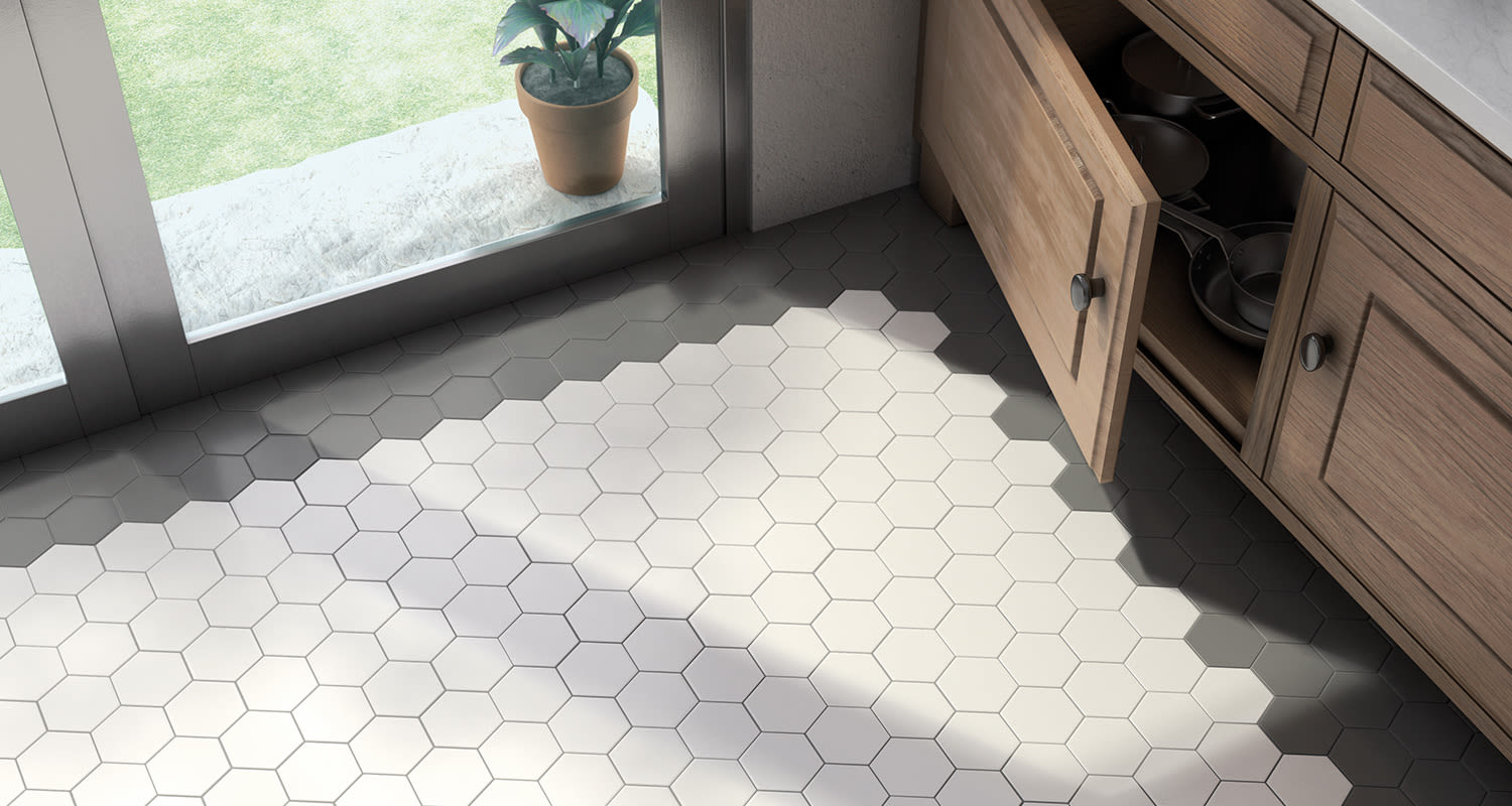 Cello Scale kuusikulmainen lattialaatta harmaa ja valkoinen keittiön lattiassa