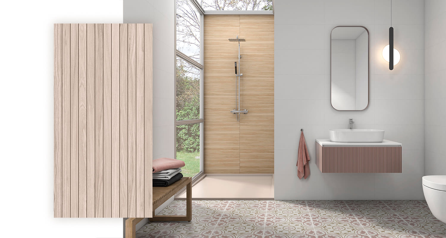 Kuvan kylpyhuoneen suihkutilassa on puurimoitukselta näyttävä kuviolaatta Cello Ordesa 30x60, myynnissä K-Raudassa